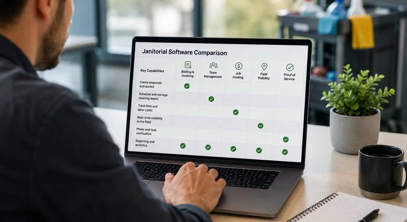 Operations manager comparing the best janitorial software options for a commercial cleaning company on a laptop