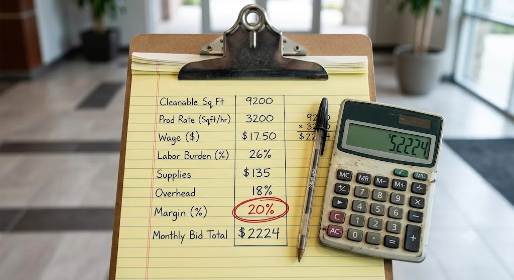 Commercial cleaning owner working through a cleaning bid calculator spreadsheet showing production rate and labor burden