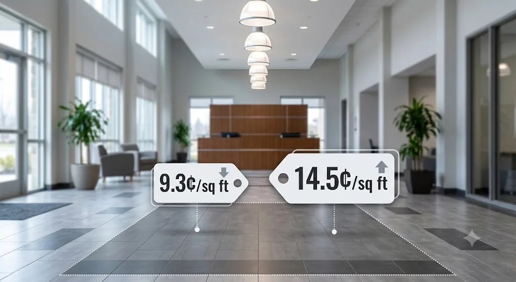 Commercial cleaning owner reviewing cleaning contract pricing for an office, comparing quoted price per square foot against actual labour hours