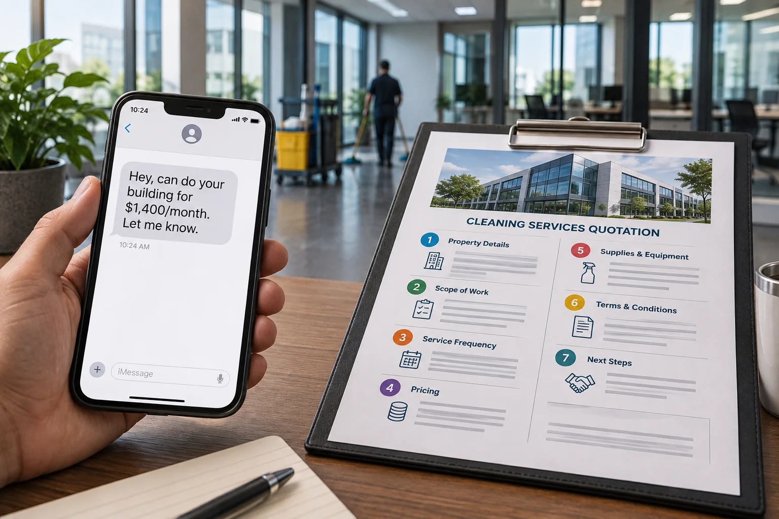 A structured cleaning quote template showing scope, frequency, exclusions, and terms laid out on one page beside a bare text-message quote