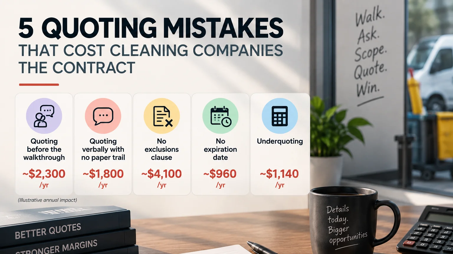 5 quoting mistakes that cost cleaning companies the contract: quoting before the walkthrough, no paper trail, no exclusions clause, no expiration date, and underquoting