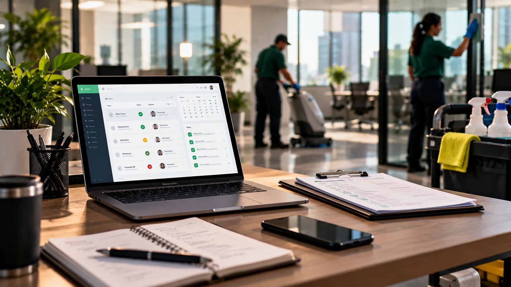 Operator comparing commercial cleaning business software options on a laptop at a client building