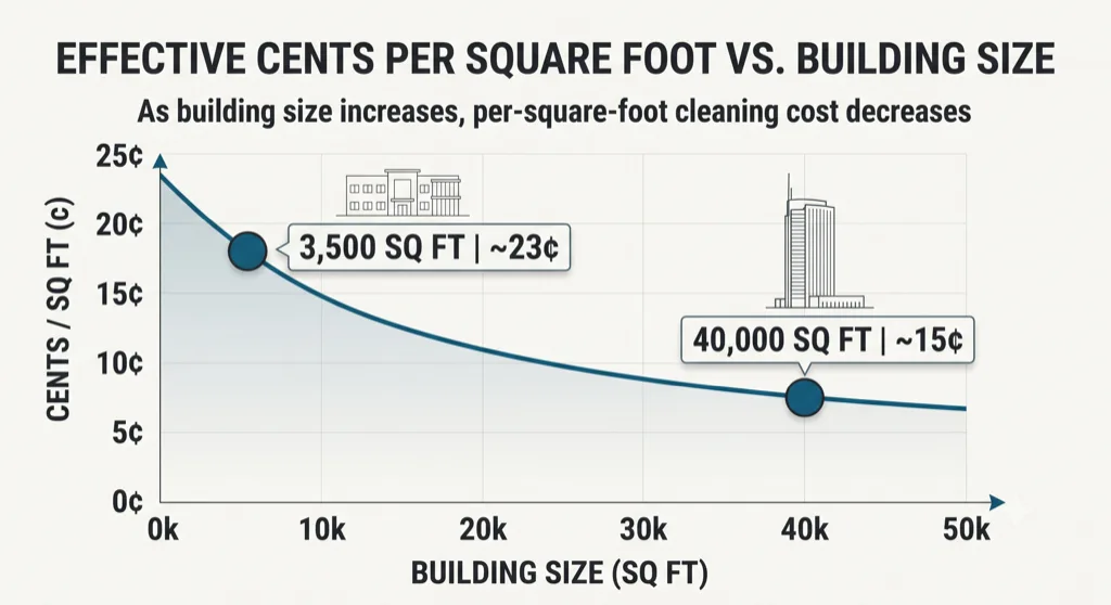 Commercial cleaning owner comparing commercial cleaning rates per square foot across a small office and a large office building