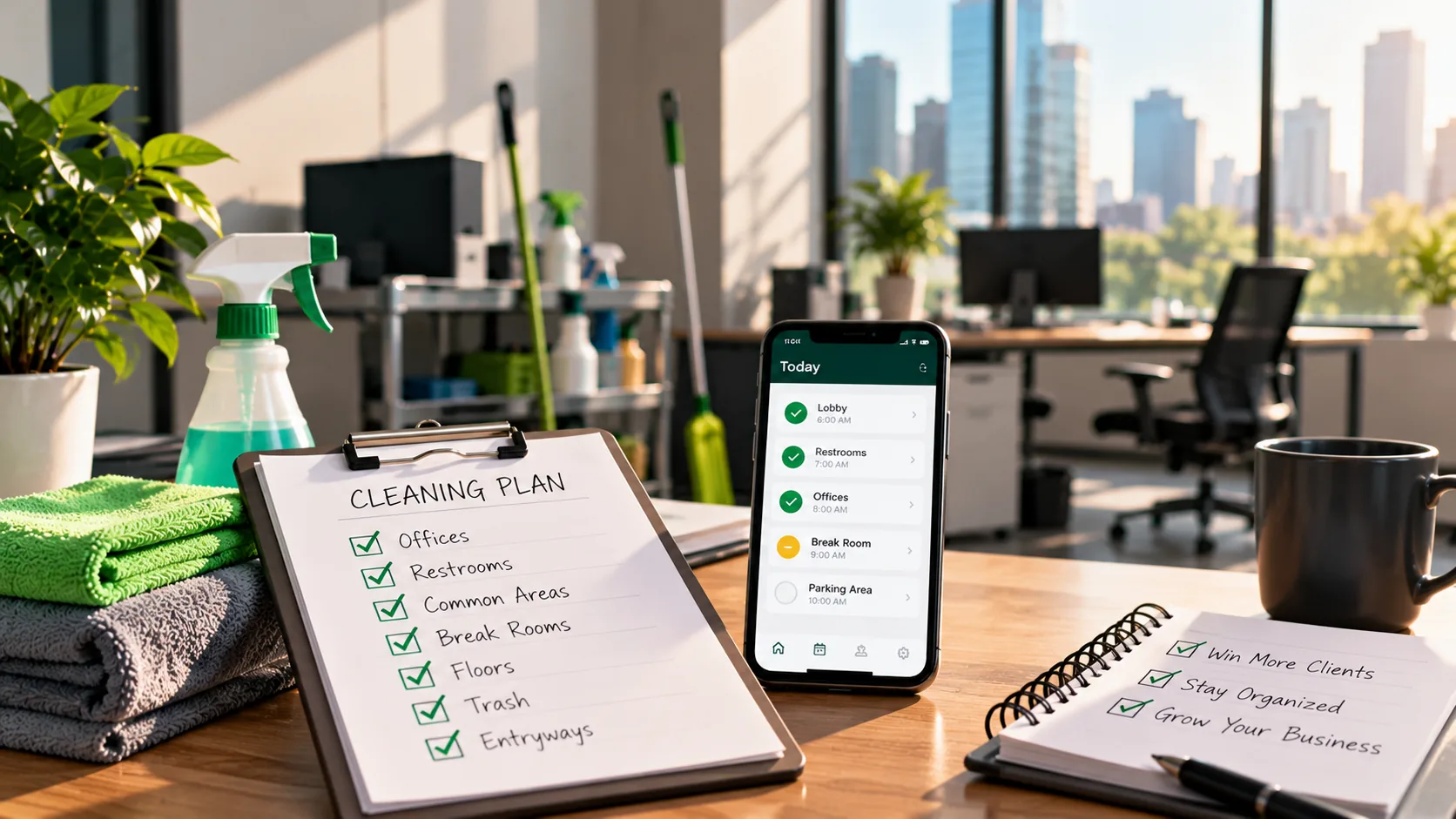 Owner of a small commercial cleaning company comparing free cleaning business software on a phone and laptop