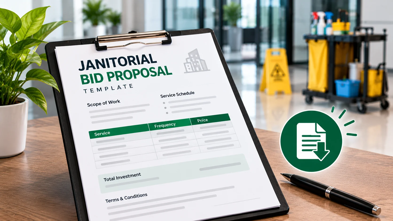 Janitorial bid proposal template on a clipboard in a commercial lobby beside a cleaning cart