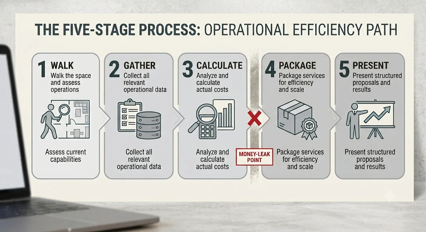 The five-stage cleaning quote process: walk, gather, calculate, package, and present