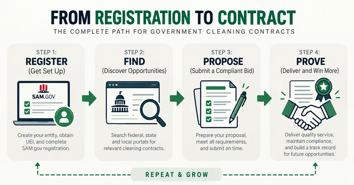 Cleaning contractor completing SAM.gov registration with UEI, NAICS codes, and entity details on screen