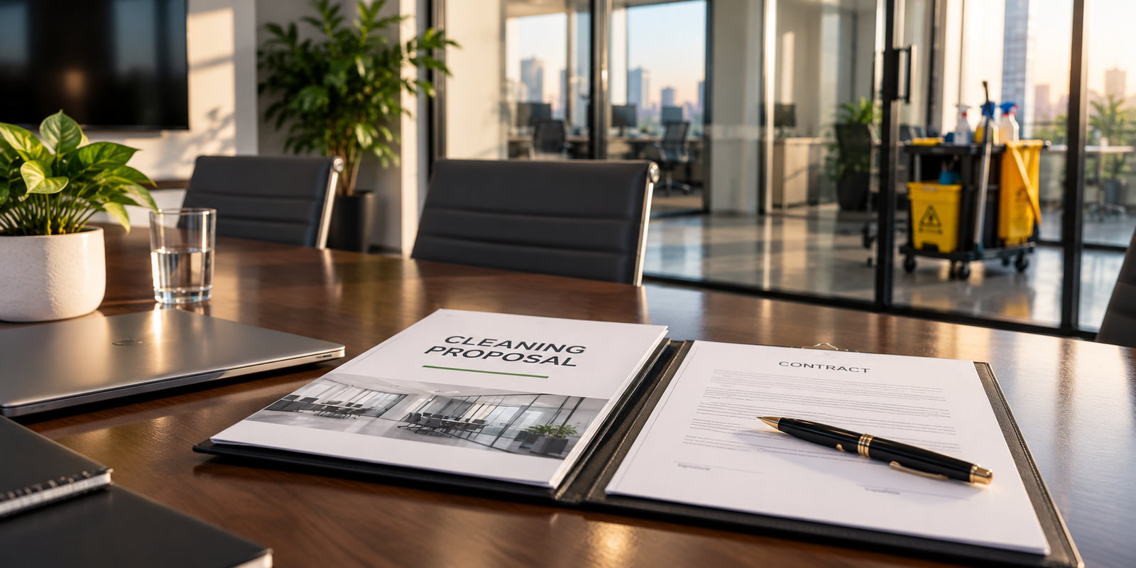 Cleaning company owner walking a corporate lobby while bidding on office cleaning contracts