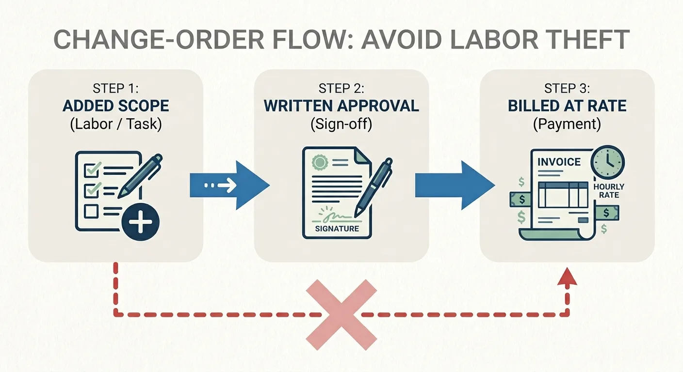 Change-order flow diagram showing how added scope requires written approval before being billed at rate, stopping scope creep in cleaning contracts