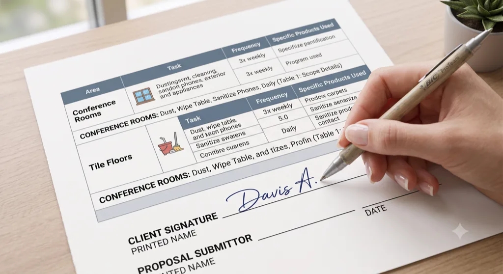 Commercial cleaning owner writing a commercial cleaning proposal with scope of work broken out by building area
