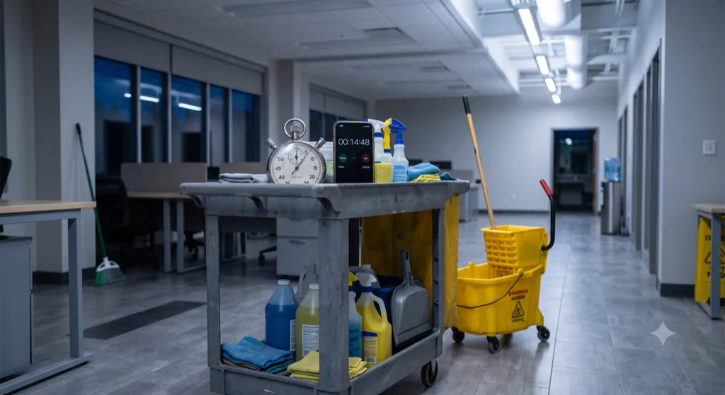 Stopwatch and phone timer next to cleaning supplies on a commercial cleaning cart, illustrating janitorial production rate tracking