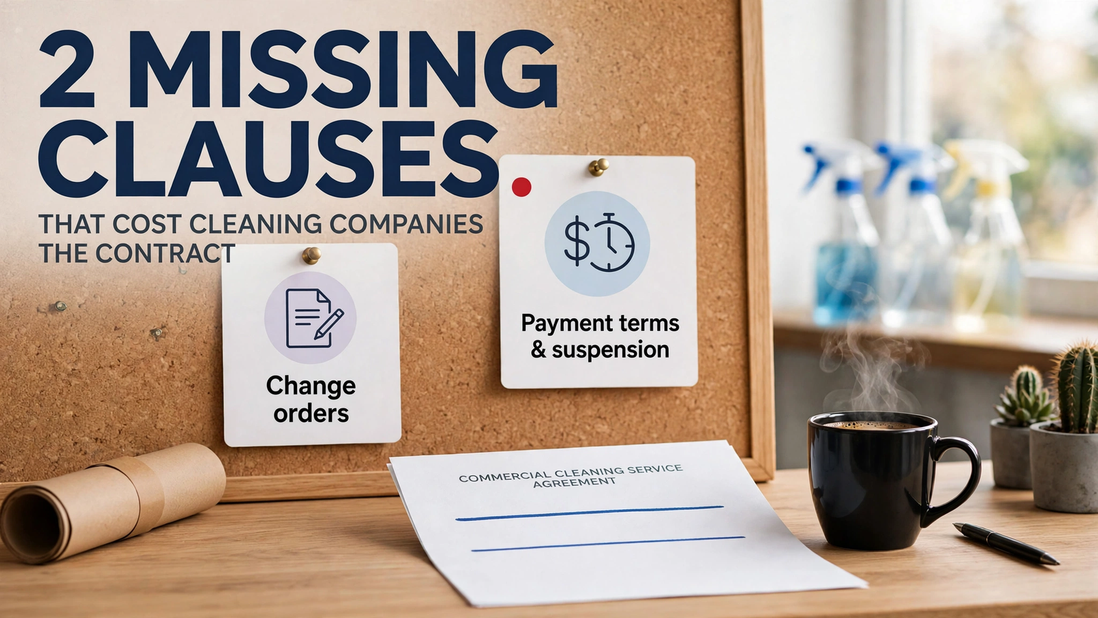 Operator reviewing contracts for cleaning services against a 10-clause checklist before signing