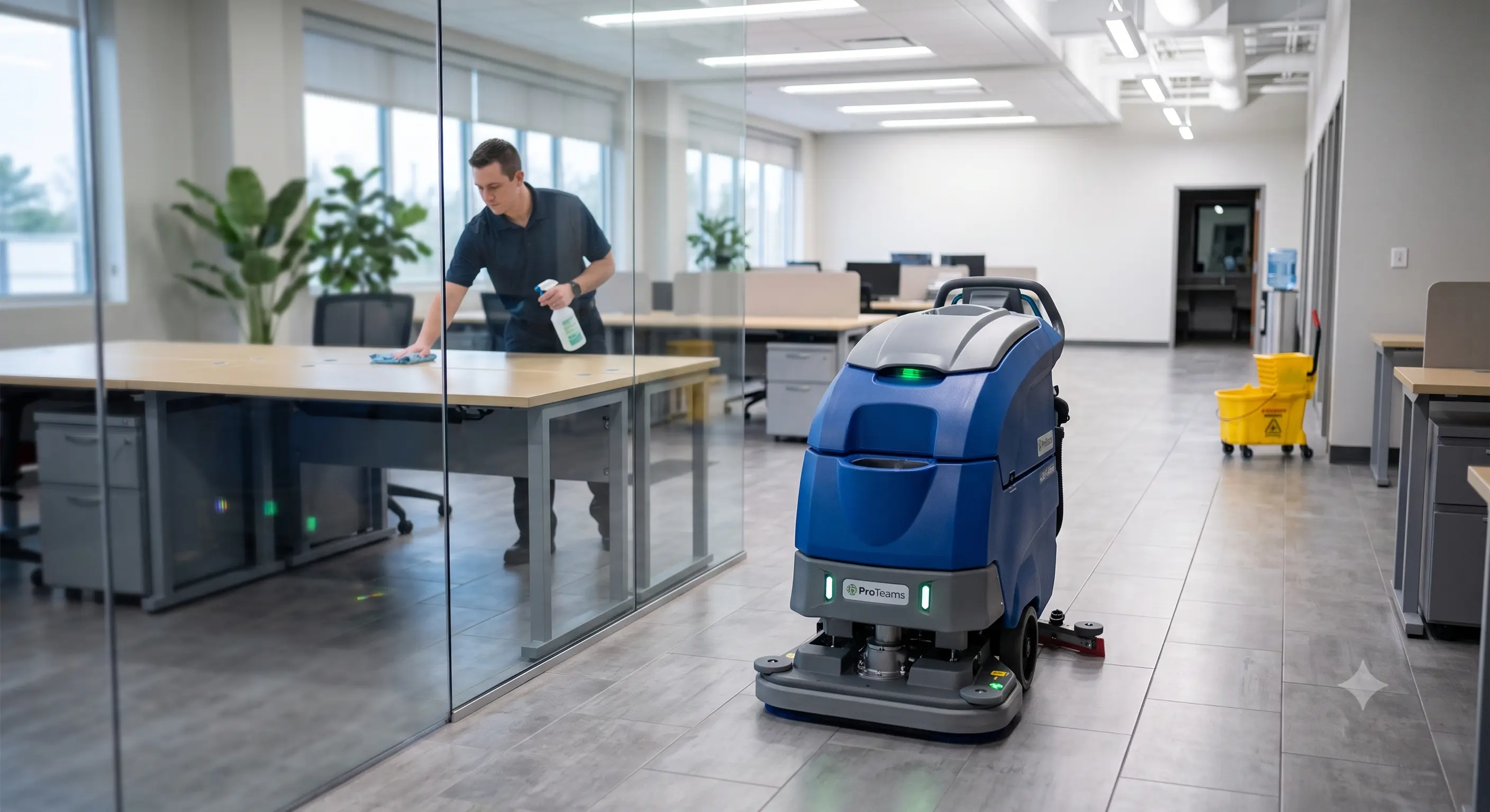 Autonomous floor cleaning robot working in a commercial building corridor