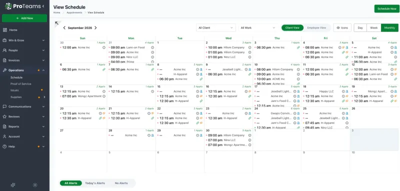 ProTeams monthly schedule of cleaning appointments by client