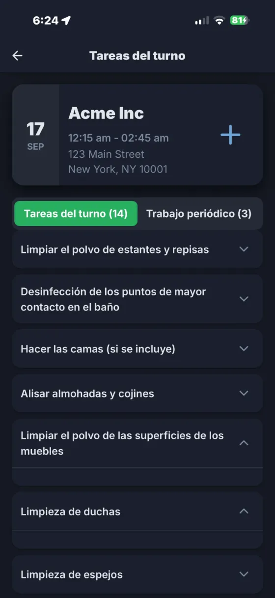 ProTeams field app in Spanish showing the shift task list